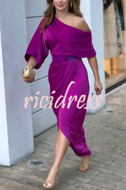 Whispered Yes Satin Irregular Lapel Neckline Design Ruched Maxi Dress