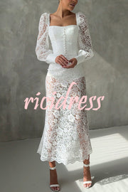 Timeless Moment Floral Lace Square Neck Button Up Balloon Sleeve Top