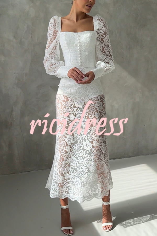 Timeless Moment Floral Lace Square Neck Button Up Balloon Sleeve Top