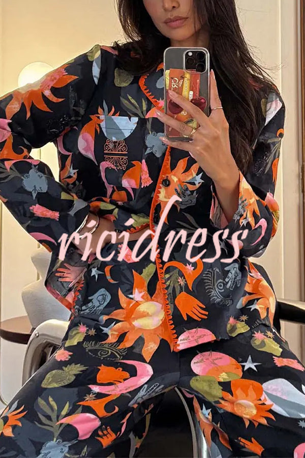 Evening Routine Unique Print Color-block Trim Loose Shirt and Elastic Waist Pocketed Pajama Set