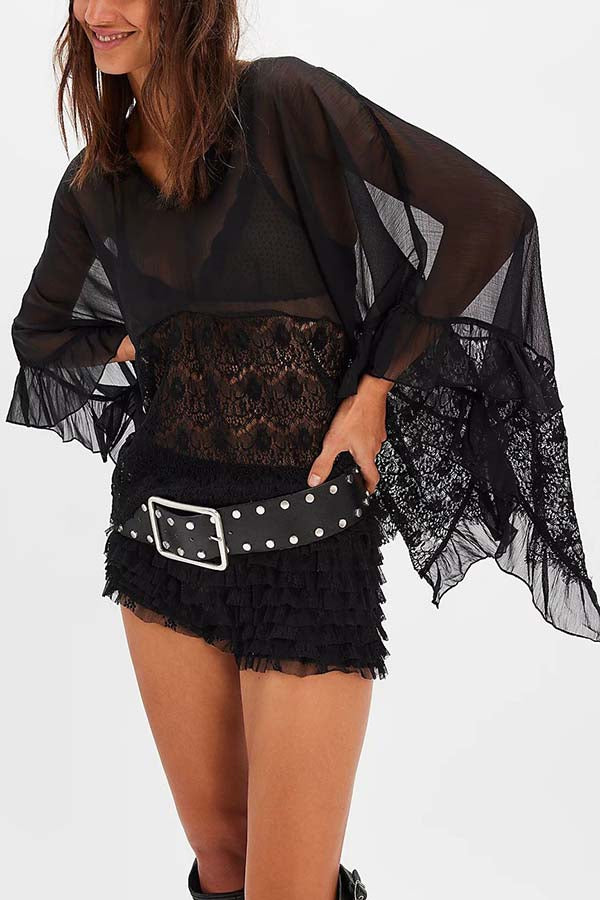 Fashionable Patchwork Lace Batwing Sleeve Loose Beach Cover Up