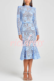 Feminine and Elegant Flower Lace Long Sleeve Bow Belted Flare Midi Dress