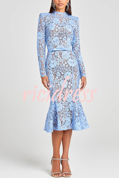 Feminine and Elegant Flower Lace Long Sleeve Bow Belted Flare Midi Dress