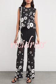 Fashion Embroidered Hollow Hook Elastic Waist Casual Wide-leg Pants