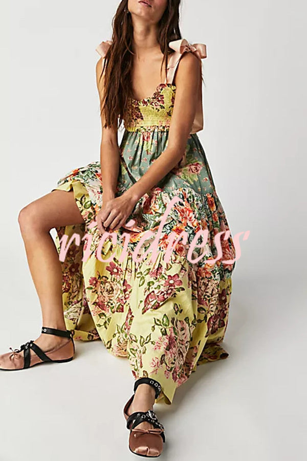 Floral Print Strappy Pleated Paneled Maxi Dress