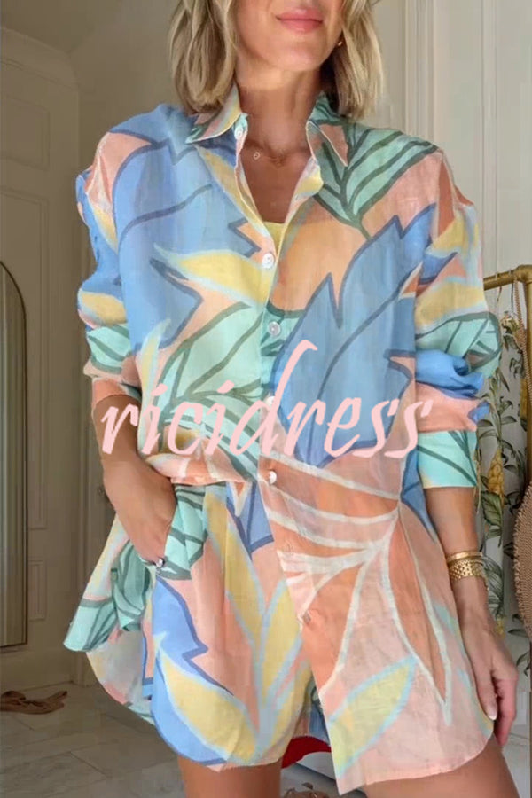 Bella Linen Blend Colorful Unique Print Long Sleeve Blouse and Elastic Waist Pocket Loose Shorts Set