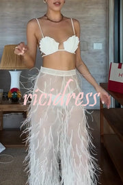 Braylie Sheer Tulle Tiered Feather Trim High Rise Wide Leg Pants
