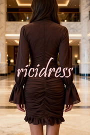 Sexy See-through Tulle High-neck Waist Pleated Ruffle Mini Dress