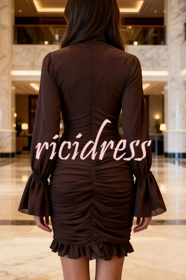 Sexy See-through Tulle High-neck Waist Pleated Ruffle Mini Dress