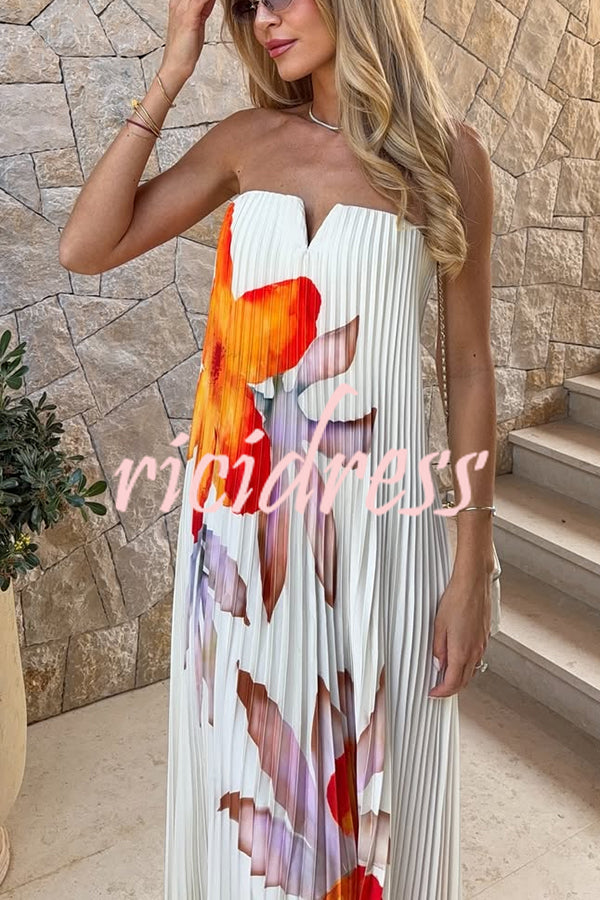 For Every Occasion Satin Pleated Floral Print V-wire Bandeau Neck Maxi Dress