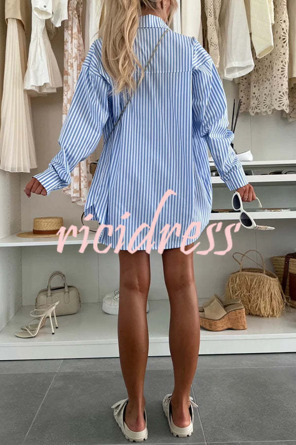 Zoie Striped Stretch Bandeau + Elastic Waist Pocket Shorts + Oversized Blouse 3 Pieces Set