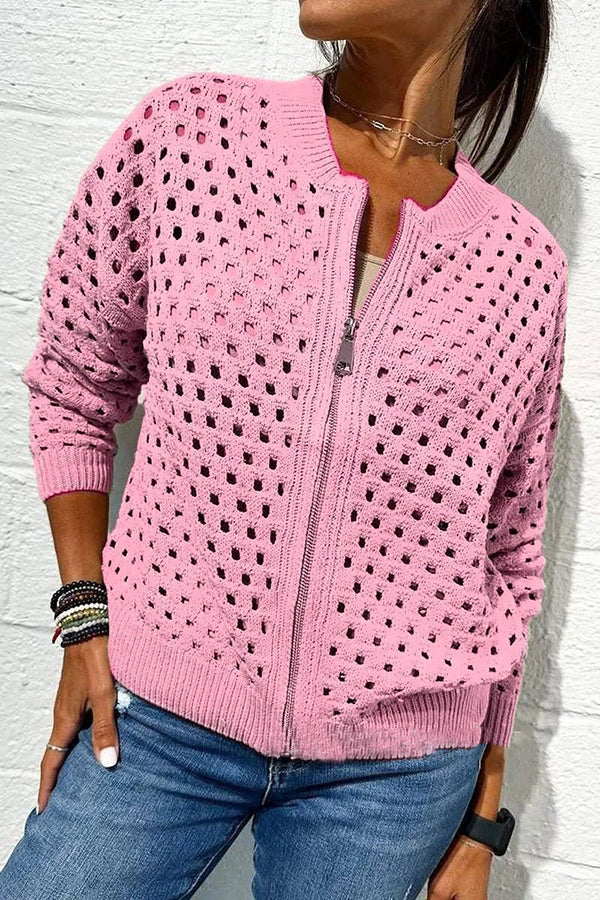 Solid Color Casual Knit Hollow Zipper Jacket