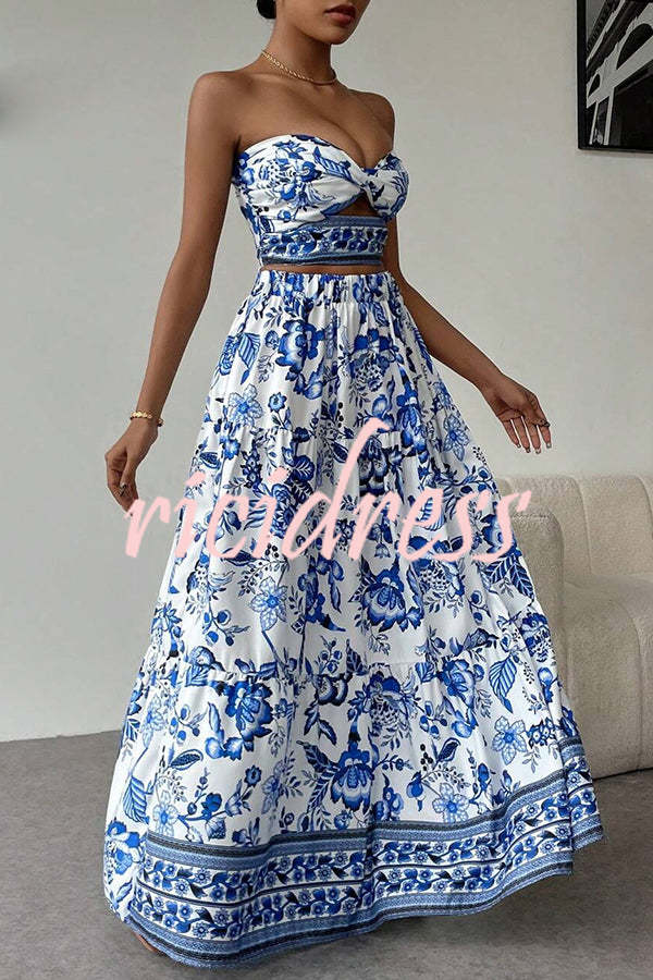 Floral Print Cutout Bandeau Top and Elastic Waist Full Maxi Skirt Set
