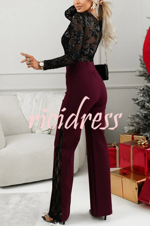Dazzling and Sparkle Mesh Floral Sequin Long Sleeve Stretch Bodysuit