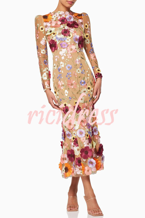 Dignified and Refined Charm Embroidered Floral Applique Long Sleeve Fish Tail Midi Dress