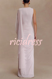 Fashionable Mesh Shawl Sleeveless Slim Fit Pleated Maxi Dress