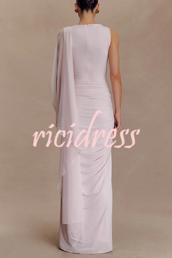 Fashionable Mesh Shawl Sleeveless Slim Fit Pleated Maxi Dress