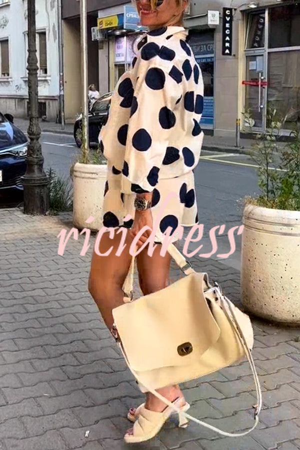Giselle Linen Blend Polka Dot Print Lapel Long Sleeve Shirt and Elastic Waist Pocket Shorts Set