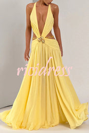 Kinara Leopard Print Deep V-neck Metal Flower Hollow Beads Detail Slit Maxi Dress
