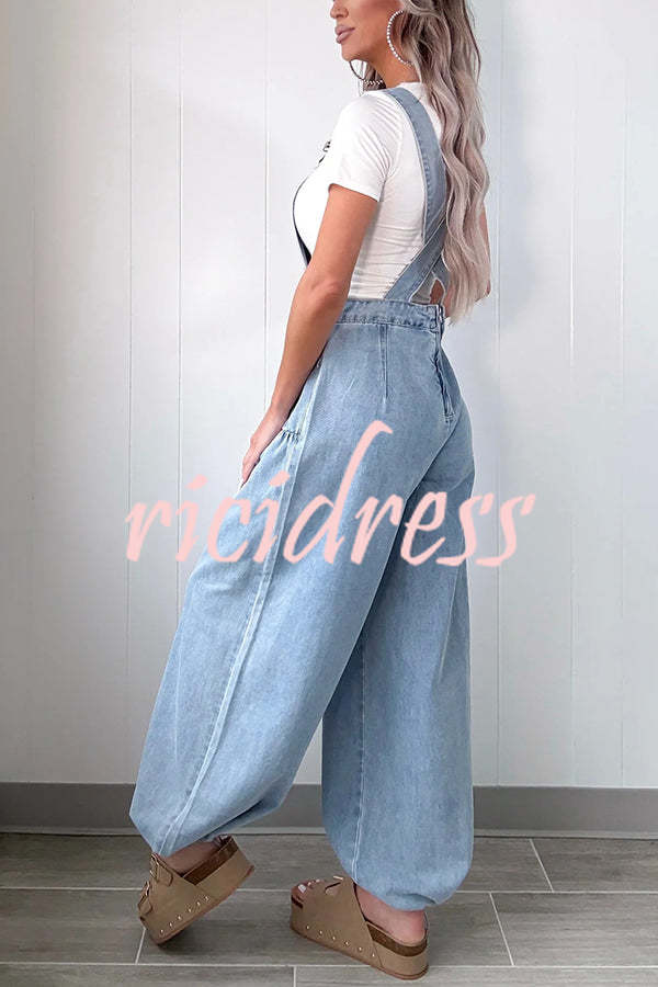 Fashion Casual Pocket Loose Wide-leg Adjustable Leg Cuffs Denim Overalls