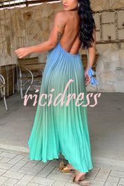 Sea goddess Gradient Print Pleated Halter Backless A-line Maxi Dress