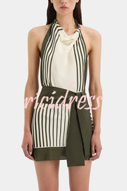 Summer Event⁠ Striped Beads Cowl Neck Backless Tie-up Mini Dress