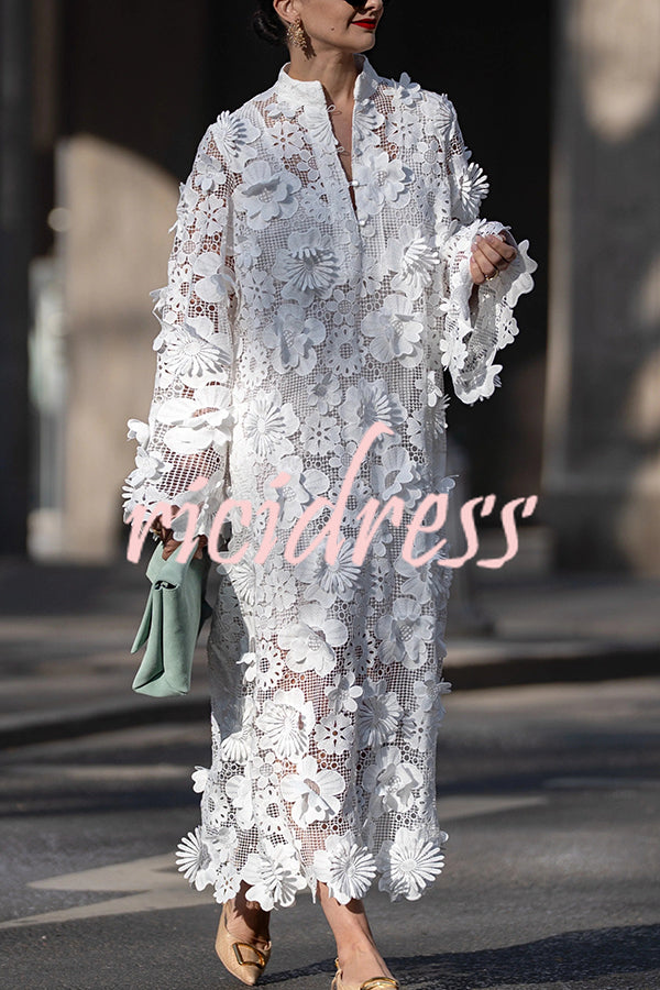 Solid Color Hollow Embroidery Loose Long Sleeve Midi Dress
