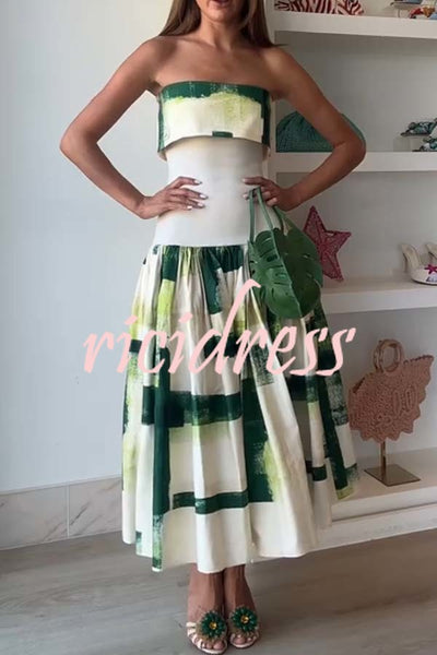 Robia Unique Print Ribbed Elastic Waist Pocketed Strapless Midi Dress