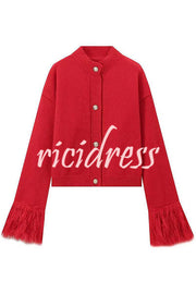 Solid Color Elegant Feather Long Sleeve Casual Knitted Cardigan