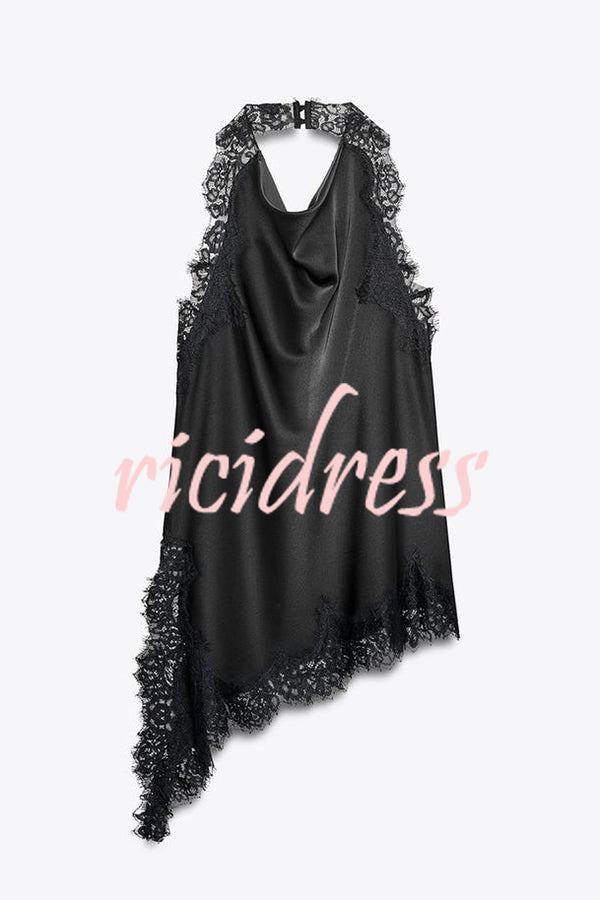 Dolly Satin Lace Trim Halter Cowl Neck Asymmetric Hem Tank