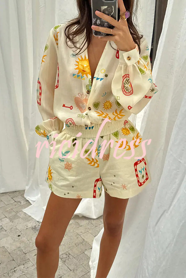 Funny Vacation Unique Printed Long Sleeve Shirt and Elastic Waist Pocket Loose Shorts Set