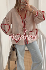 Lovely Plaid Heart Pattern Casual Lace-up Pocket Loose Shirt