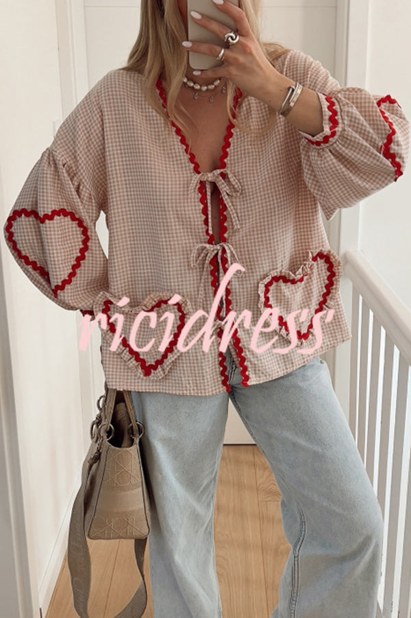 Lovely Plaid Heart Pattern Casual Lace-up Pocket Loose Shirt