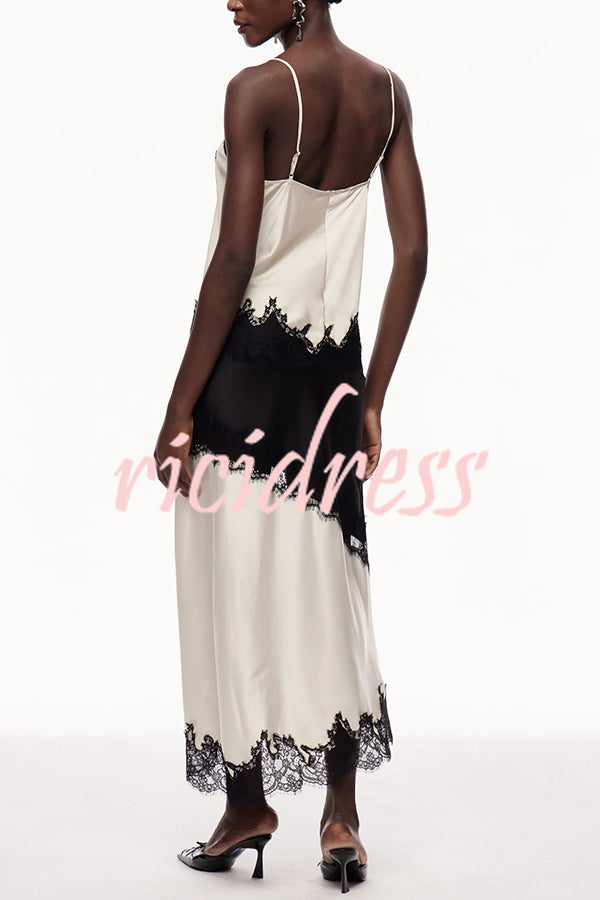Party Focus Contrast Color Satin Lace Trim Elastic Waist Front Slit Maxi Skirt