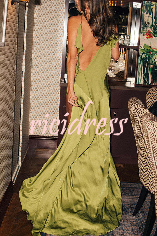 Evening Date Satin Cowl Neck Drape Ruffle Backless Bias Cut Party Maxi Dress