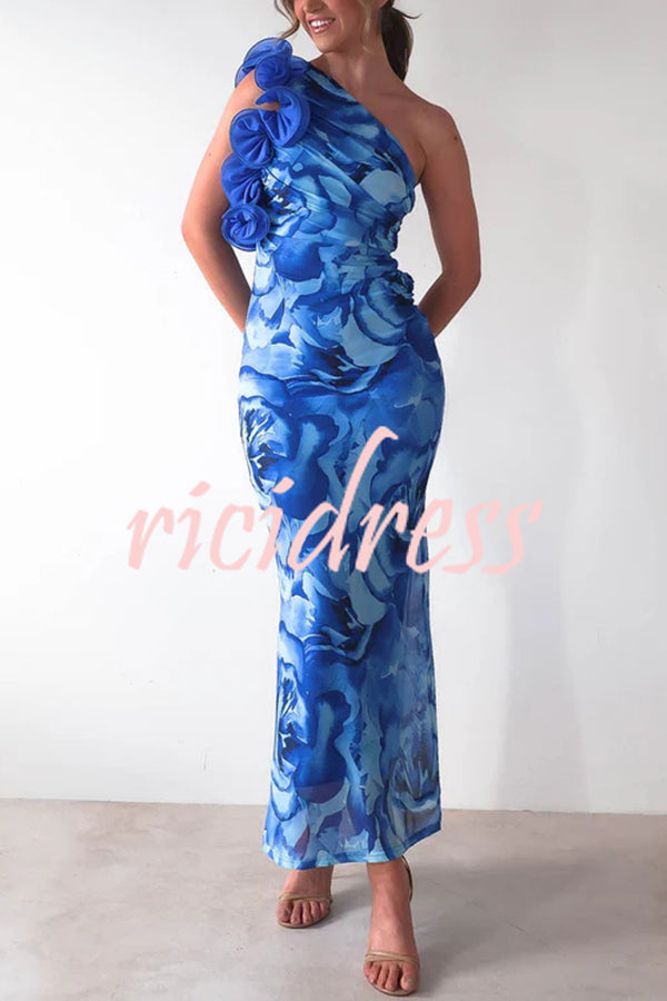 Floral Print Sleeveless 3D Flower One Shoulder Slim Maxi Dress