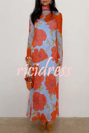 Perfect Cross-season Mesh Poppy Flower Print Long Sleeve Stretch Maxi Dress
