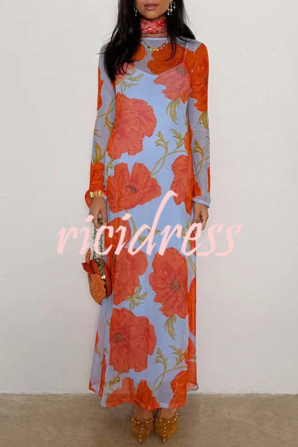 Perfect Cross-season Mesh Poppy Flower Print Long Sleeve Stretch Maxi Dress