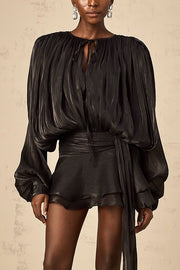 Solid Color Long-sleeved Belted Asymmetrical Mini Dress and Elastic Waist Casual Shorts Set