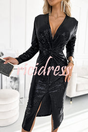 Coralia Sequin V-neck Long Sleeve Twist Waist Front Slit Midi Dress