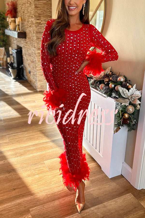 Sexy Long Sleeve Round Neck Feather Edge Rhinestone Decoration Slim Fit Maxi Dress