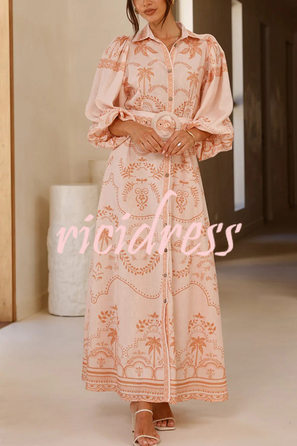 Linen Blend Lapel Puff Sleeve Casual Waist Belted Maxi Dress