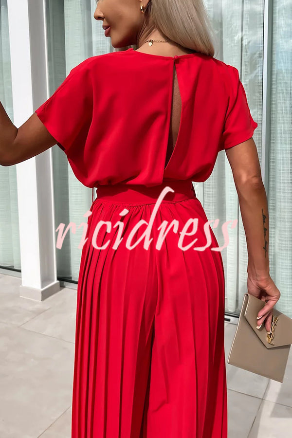 Ivy Cowl Neck Short Sleeve Belt Pleated Loose Wide Leg Jumpsuit
