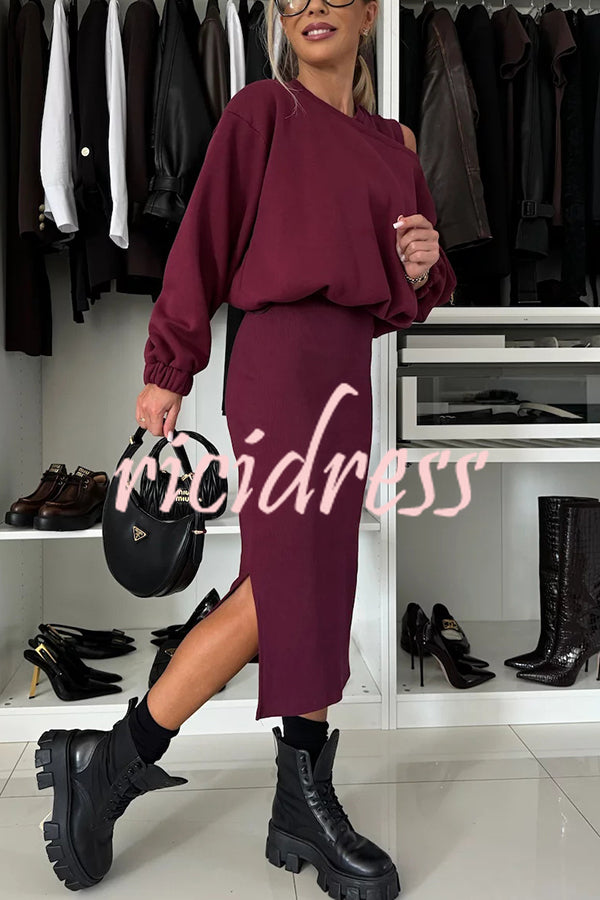 Lifestyle Wide Neck Relaxed Sweatshirt and Ribbed Tank Stretch Midi Dress Set