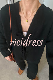 Solid Color V-neck Tie Long-sleeved Loose Knit Cardigan and Elastic Waist Casual Straight Leg Pants Set