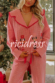 Nutcracker Charm Embroidered Gingham Loose Shirt and Elastic Waist Pajama Set