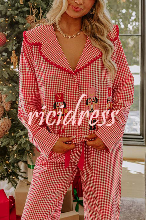Nutcracker Charm Embroidered Gingham Loose Shirt and Elastic Waist Pajama Set