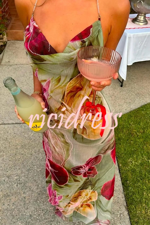 Floral Print Sexy Backless Slit See-Through Holiday Maxi Dress