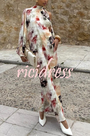 Ninah Satin Tie-dye Print Tie-up Neck One Sleeve H-line Maxi Dress