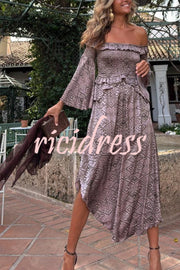 Carlie Printed Off Shoulder Smocked Ruffles Bell Sleeve Midi Dress